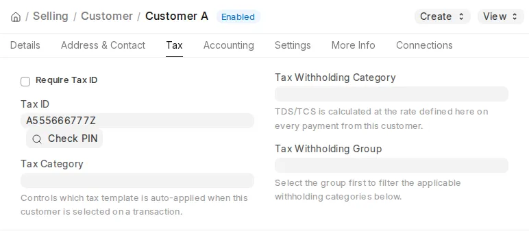 The Tax tab of a Customer record, with the KRA PIN in the Tax ID field and a Check PIN button beneath it
