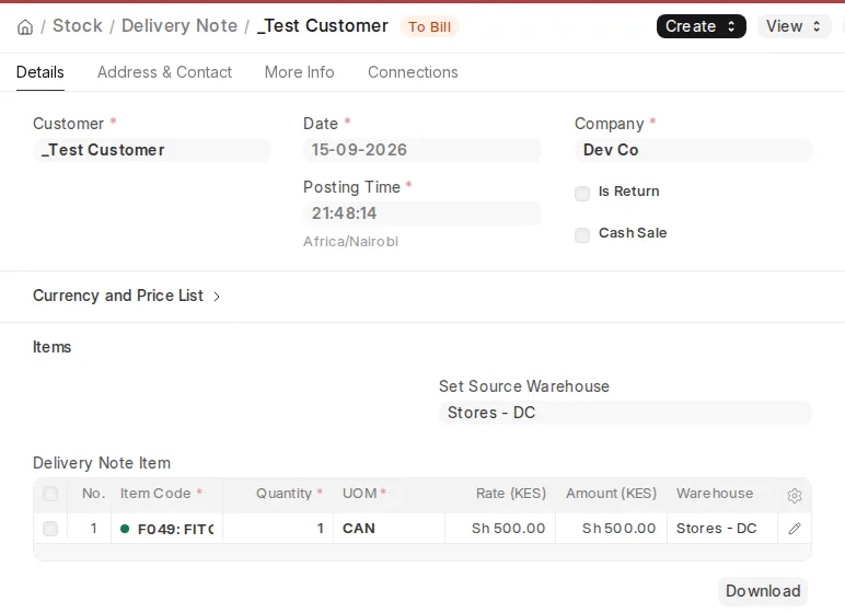 A Delivery Note in ERPNext with the customer, posting date, source warehouse and the item lines being sent out