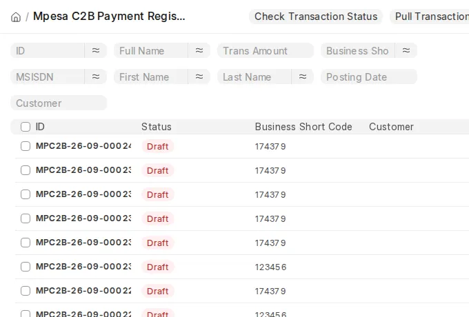 M-Pesa C2B payment register listing incoming payments with their status, business short code and matched customer