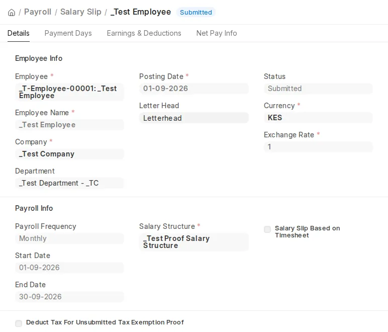A submitted Salary Slip in KES, showing the employee, the payroll period and the salary structure it was calculated from