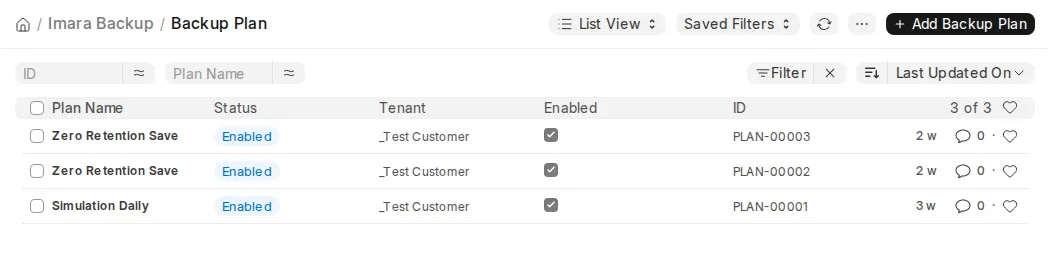 Imara Backup plan list showing three enabled backup plans with their tenant and retention settings