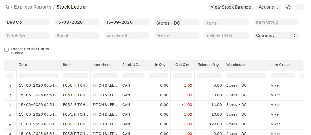 Stock Ledger report filtered by company, date range and warehouse, showing in quantity, out quantity and running balance for each item