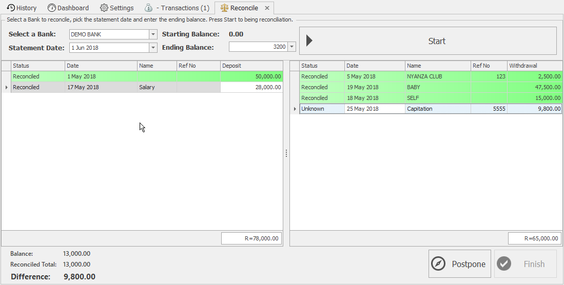 Easy Banker reconciliation