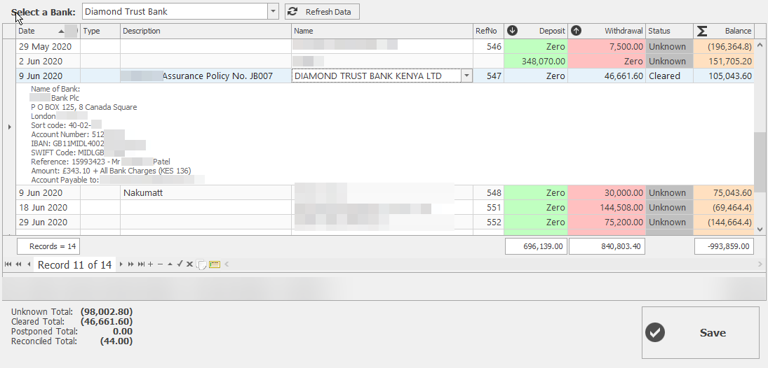 Easy Banker transaction list