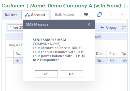 SMS send confirmation dialog