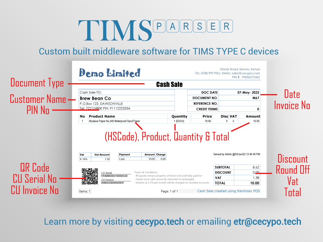 Annotated TIMS compliant invoice with QR code